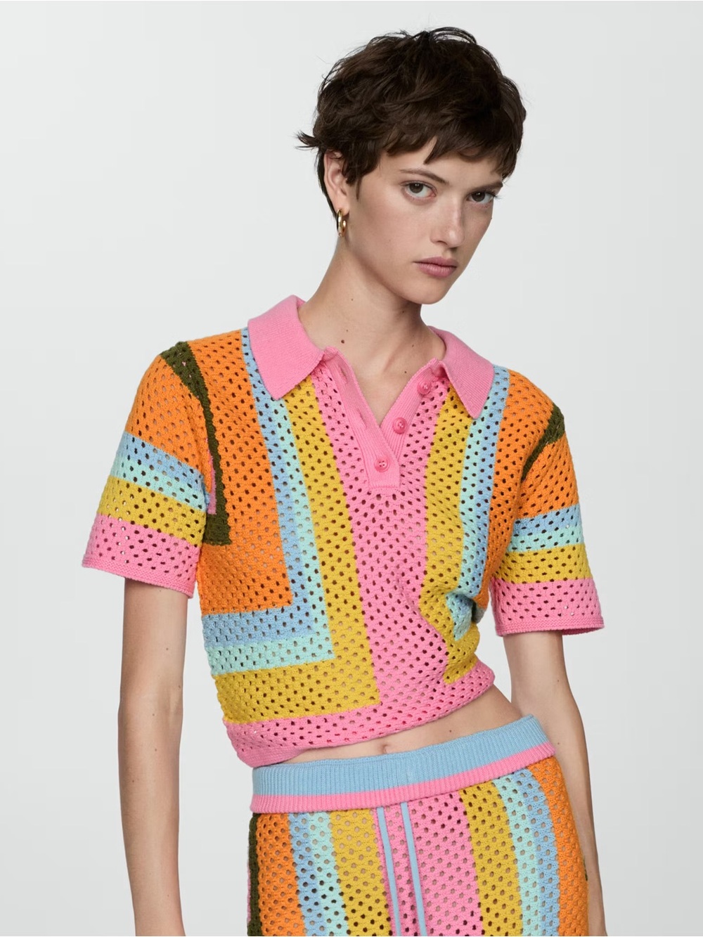 Crochet Polo Top in Pink and Multicolor